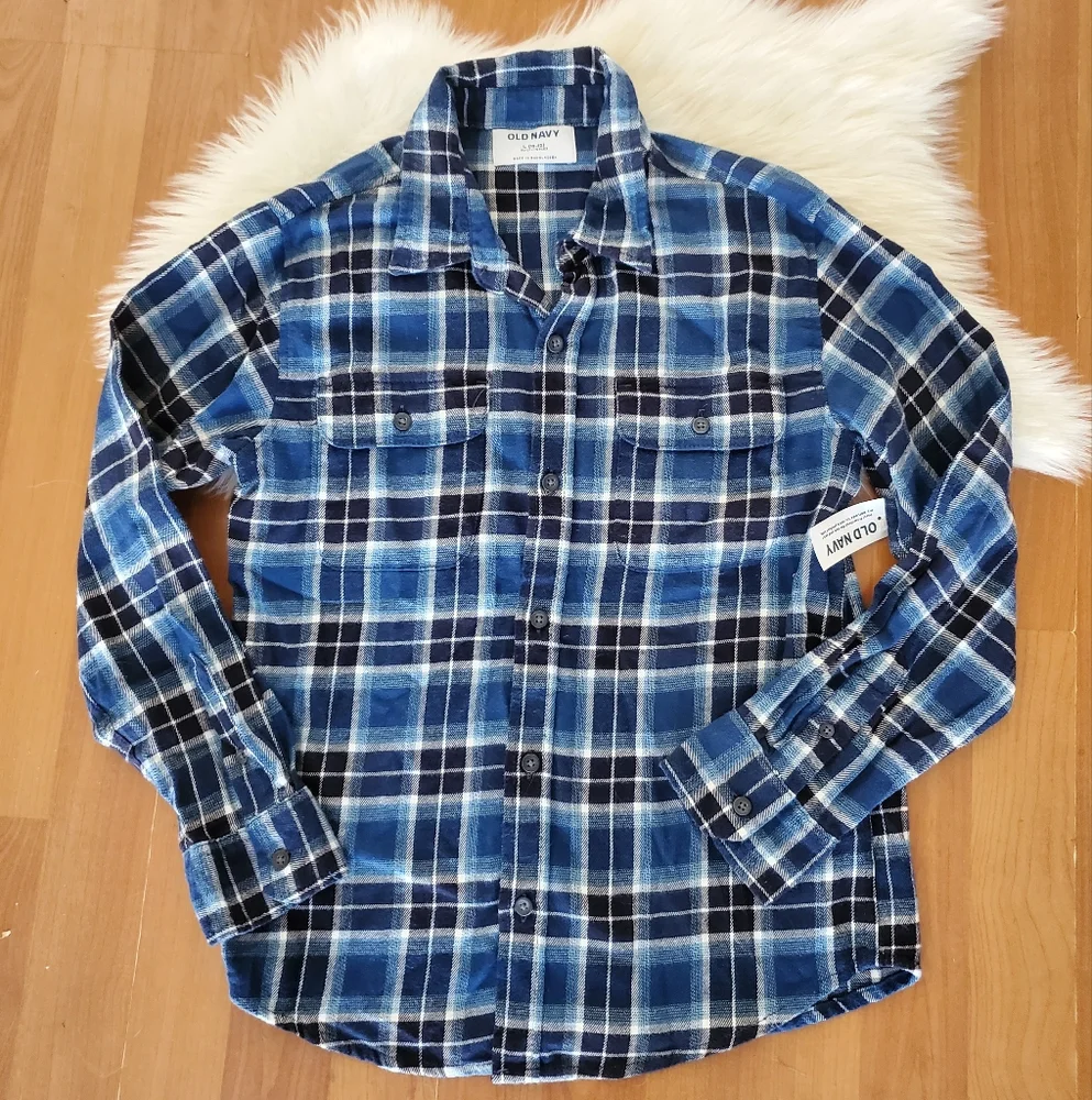 NWT Old Navy Boys Blue Plaid Flannel Shirt 10/12